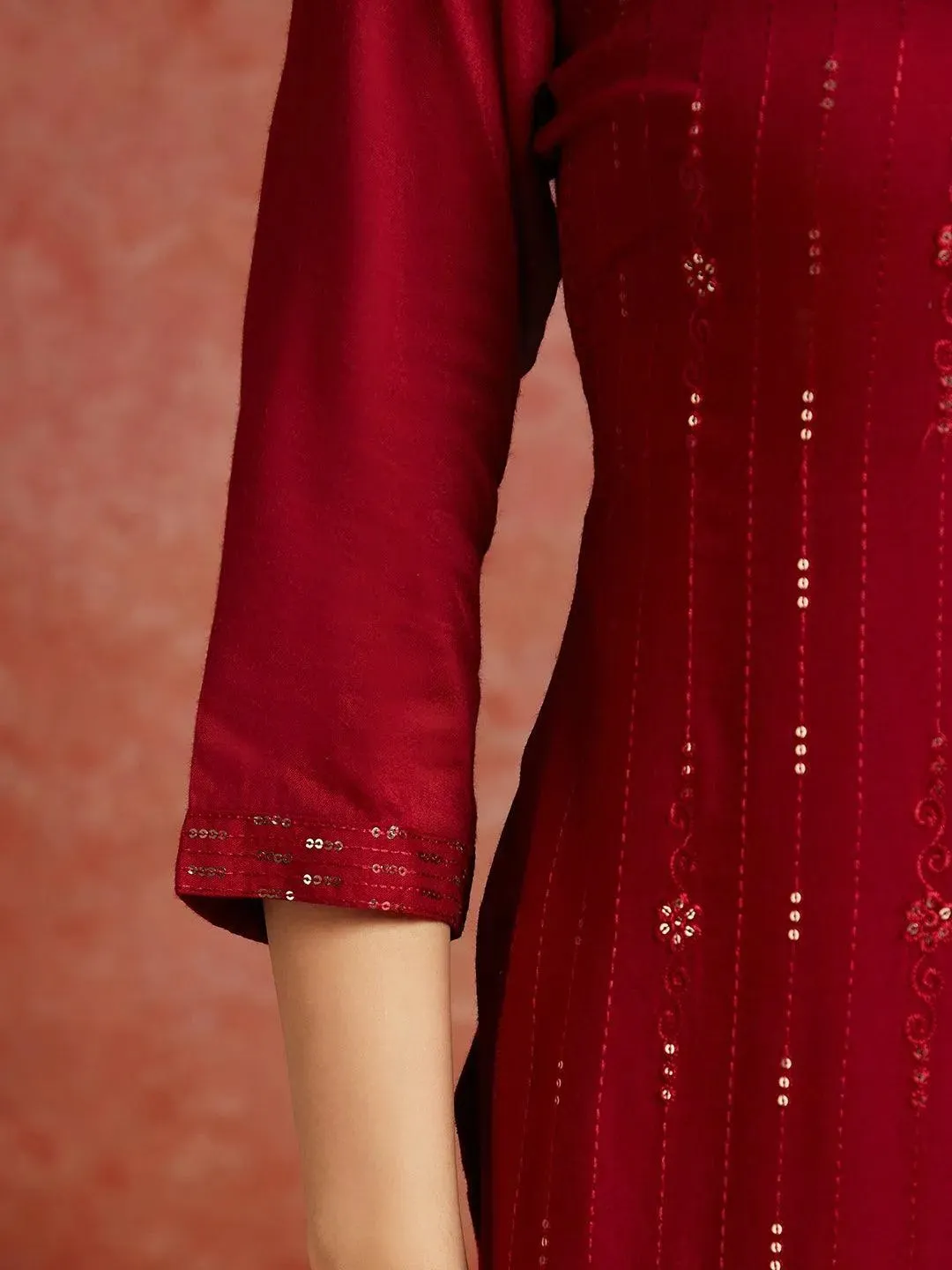 Maroon Embroidered Rayon Straight Kurta