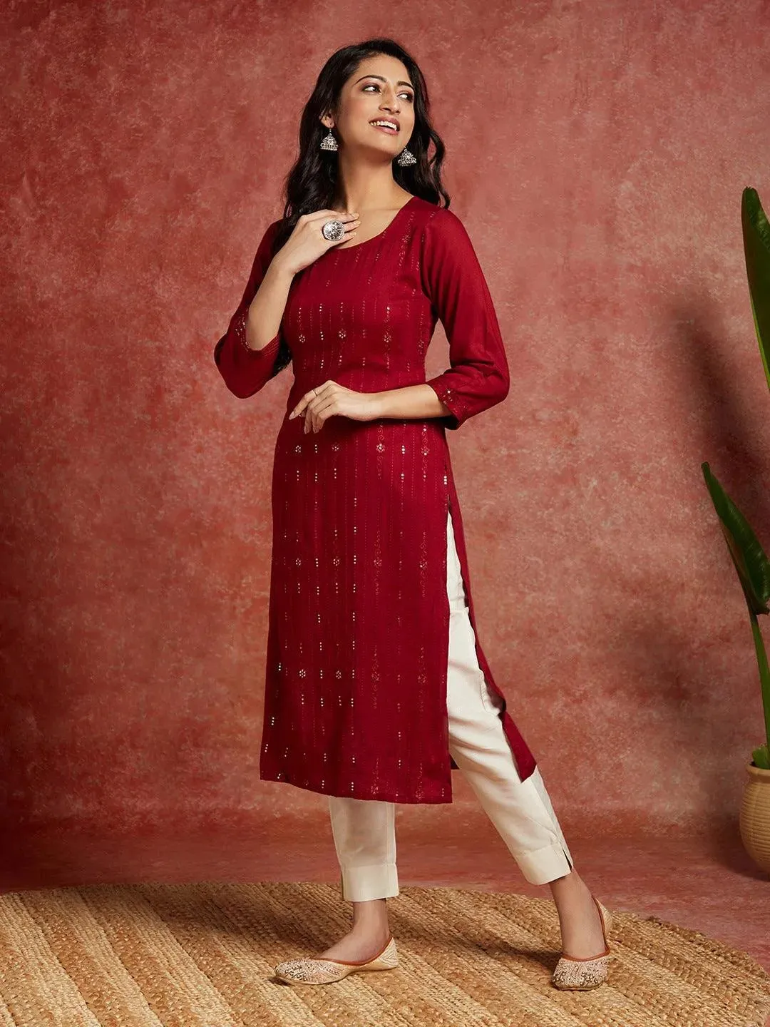 Maroon Embroidered Rayon Straight Kurta