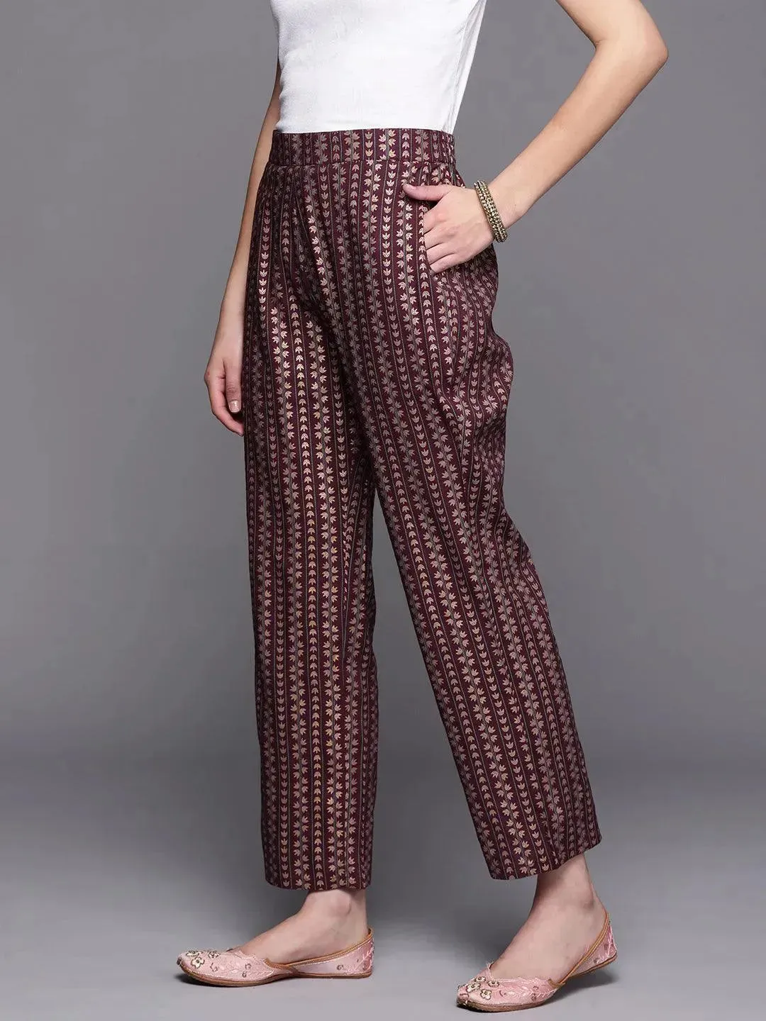 Maroon Printed Rayon Trousers