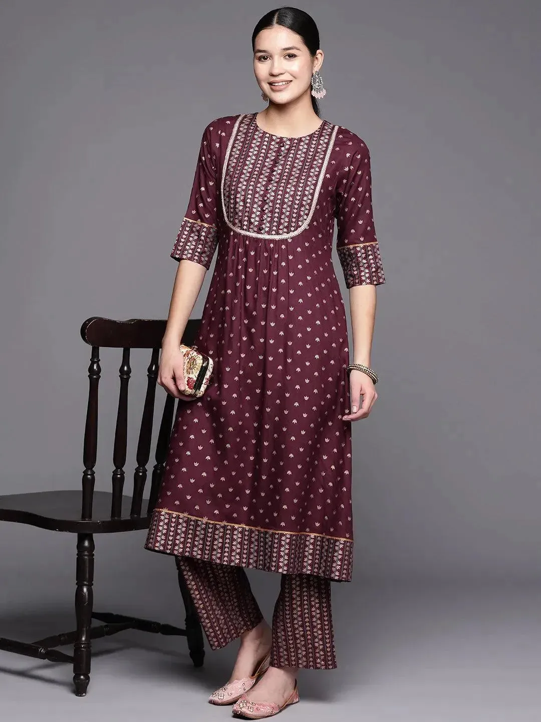 Maroon Printed Rayon Trousers