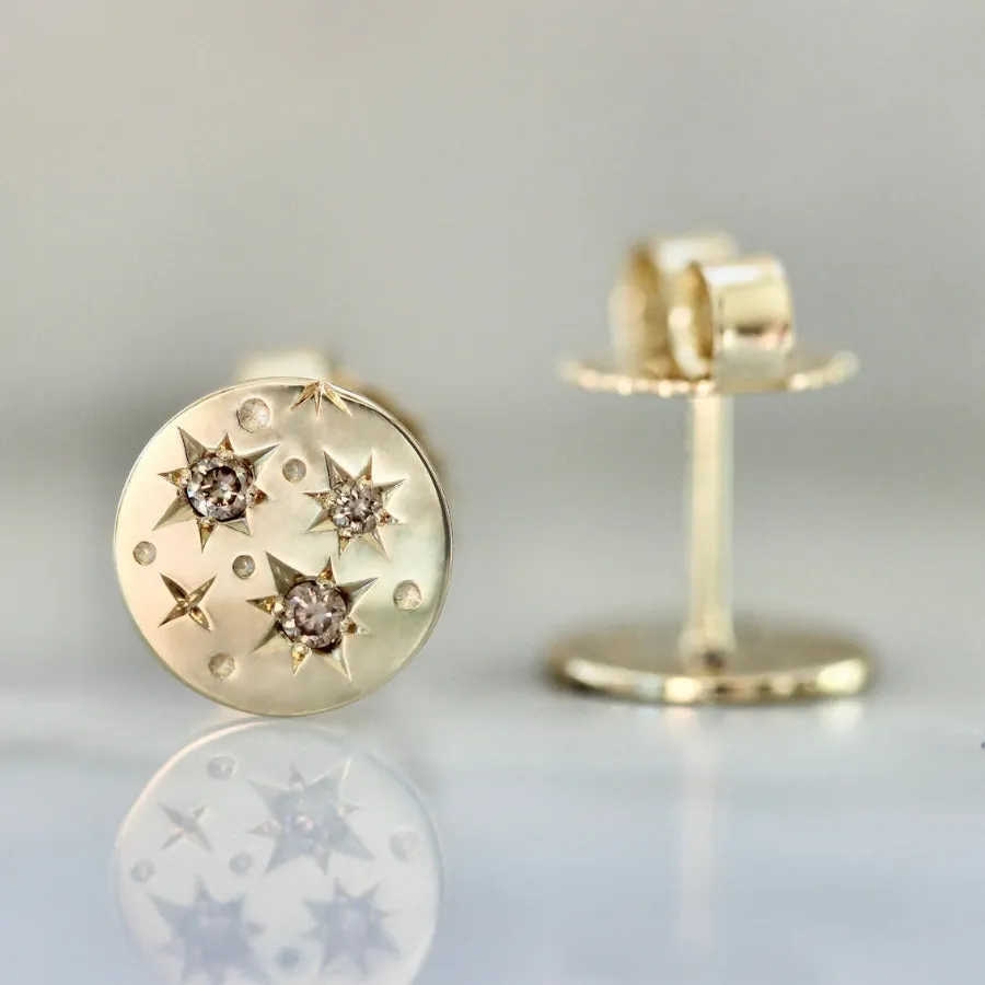Medium Size Orion Engraved Champagne Diamond Earrings