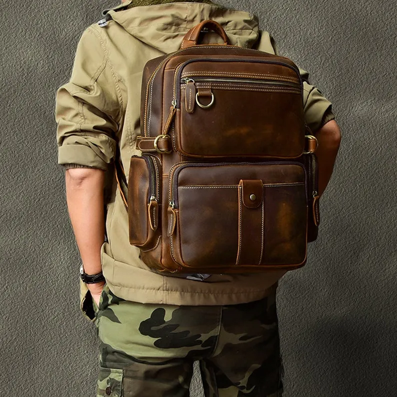 Mens Full Grain Leather 14 Inches Laptop Backpack
