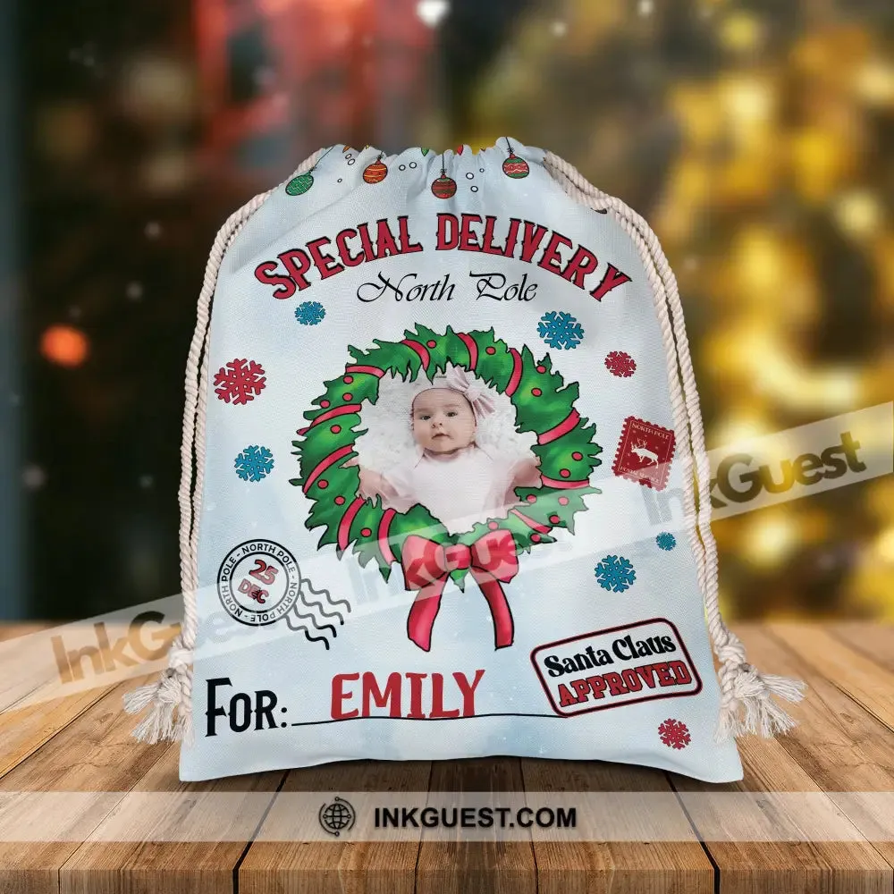 Merry Christmas Special Delivery North Pole For Kid - Custom Photo And Name, Personalized String Bag, Gift For Family, Christmas Gift