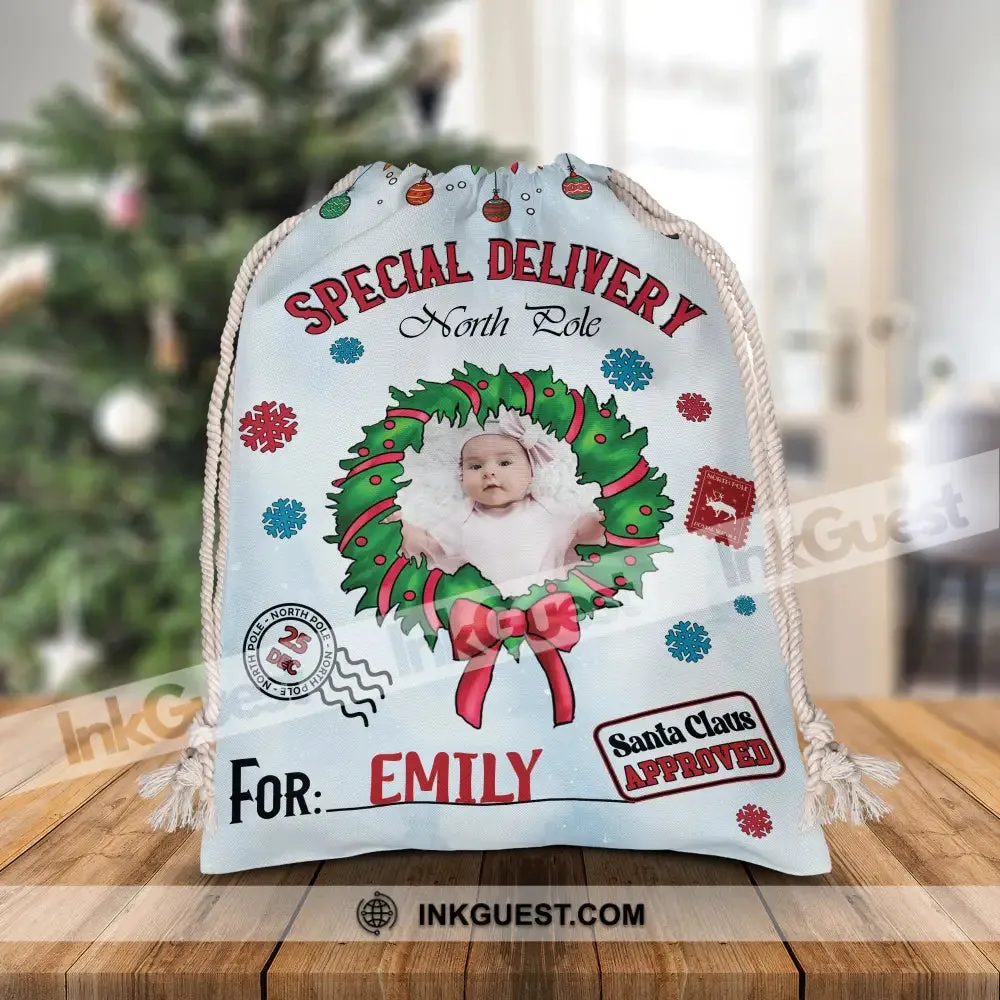 Merry Christmas Special Delivery North Pole For Kid - Custom Photo And Name, Personalized String Bag, Gift For Family, Christmas Gift