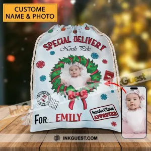 Merry Christmas Special Delivery North Pole For Kid - Custom Photo And Name, Personalized String Bag, Gift For Family, Christmas Gift