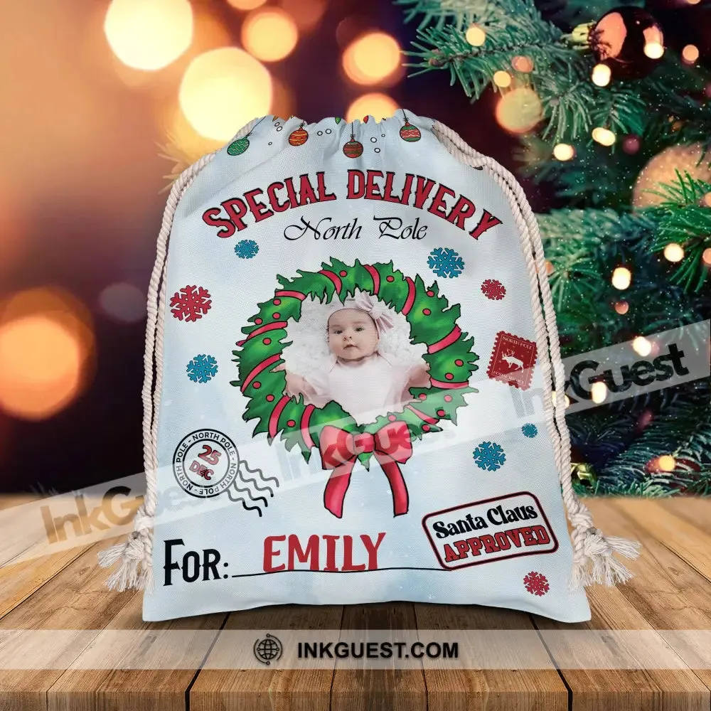 Merry Christmas Special Delivery North Pole For Kid - Custom Photo And Name, Personalized String Bag, Gift For Family, Christmas Gift
