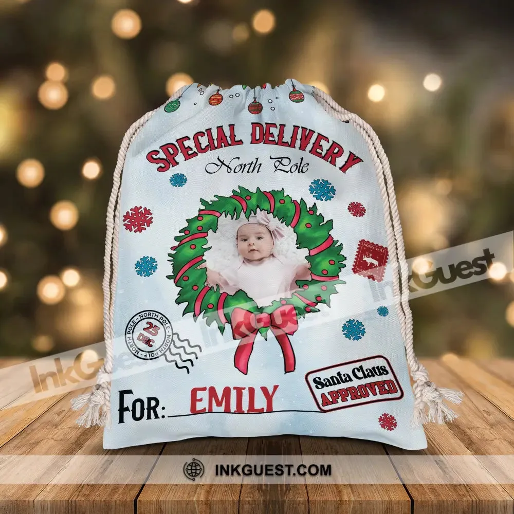 Merry Christmas Special Delivery North Pole For Kid - Custom Photo And Name, Personalized String Bag, Gift For Family, Christmas Gift