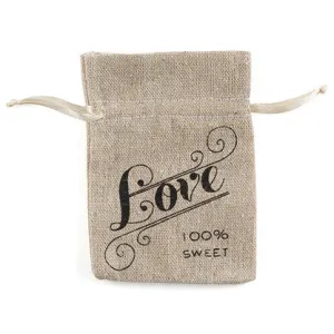 Mini Linen Drawstring Pouch with Love Print (Pack of 12)