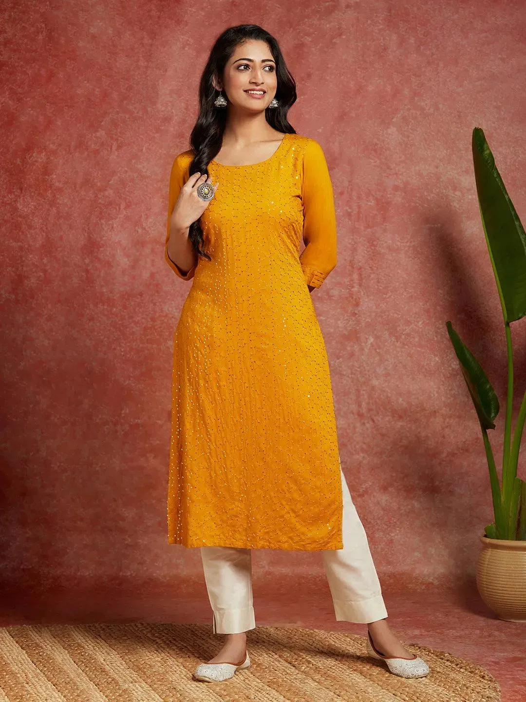 Mustard Embellished Rayon Straight Kurta