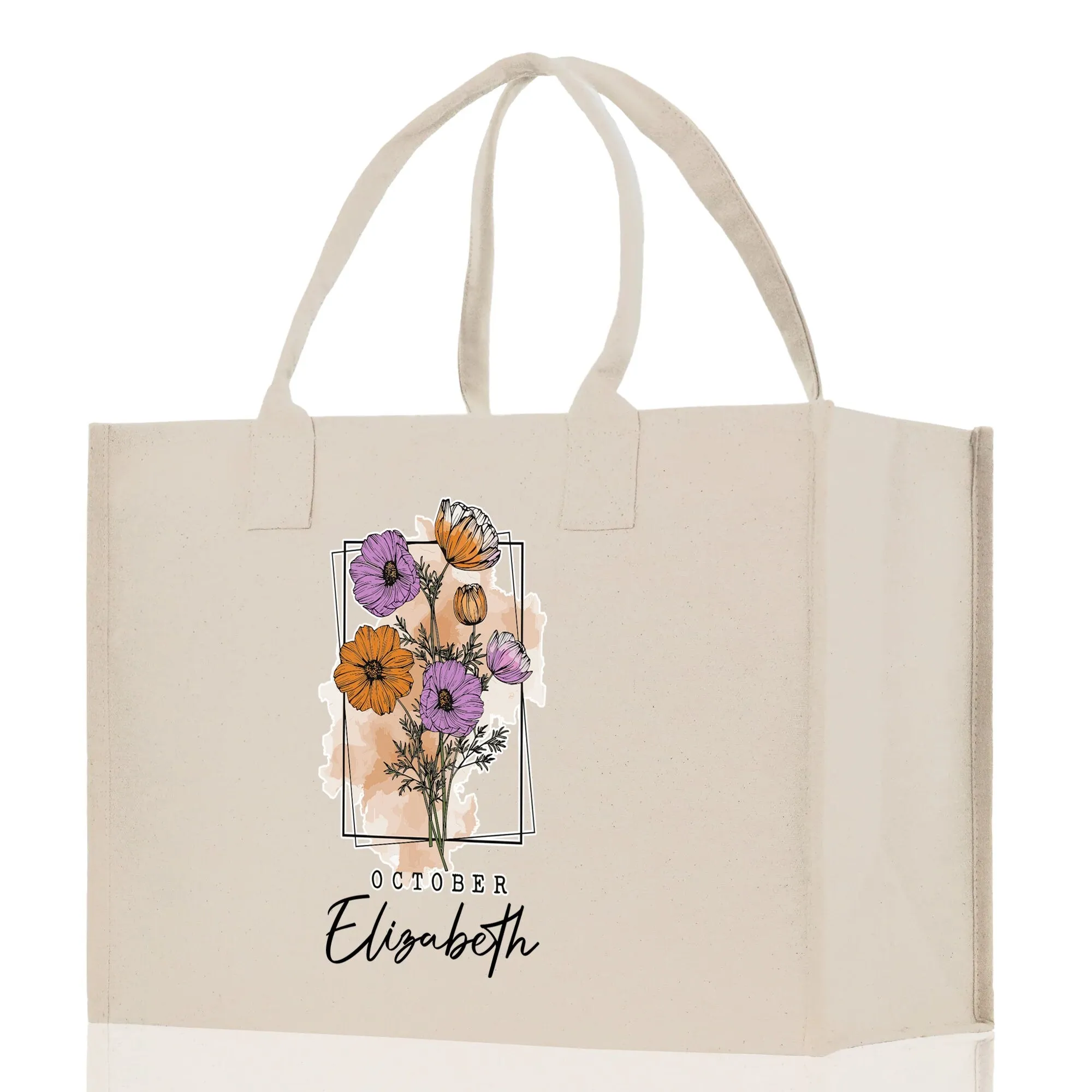 October Birth Month Flower Personalized Name Cotton Canvas Tote Bag Custom Flower Birthday Gift Bag Wedding Gift for Her Bridal Bridesmaid