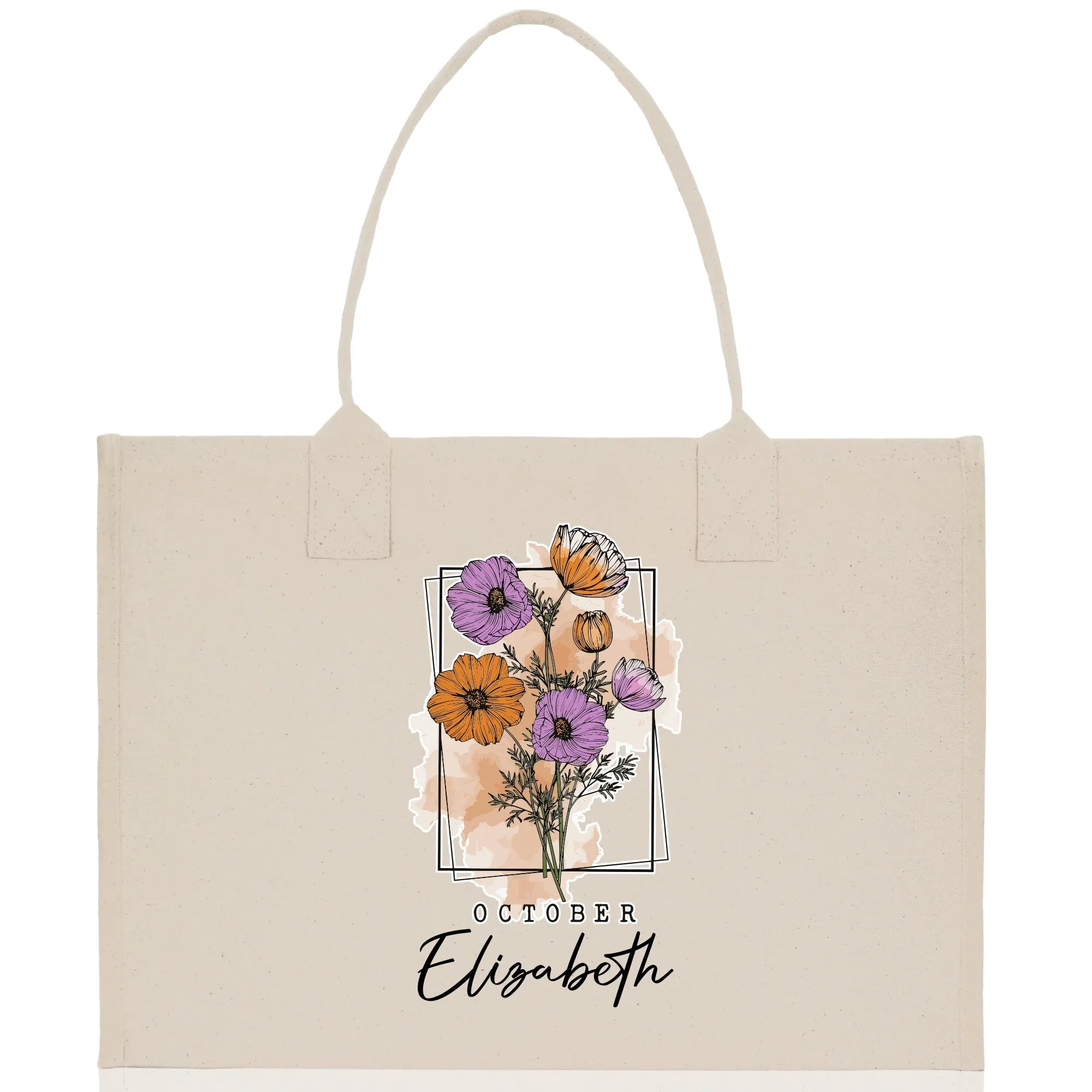 October Birth Month Flower Personalized Name Cotton Canvas Tote Bag Custom Flower Birthday Gift Bag Wedding Gift for Her Bridal Bridesmaid
