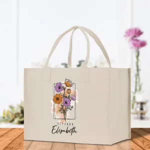 October Birth Month Flower Personalized Name Cotton Canvas Tote Bag Custom Flower Birthday Gift Bag Wedding Gift for Her Bridal Bridesmaid