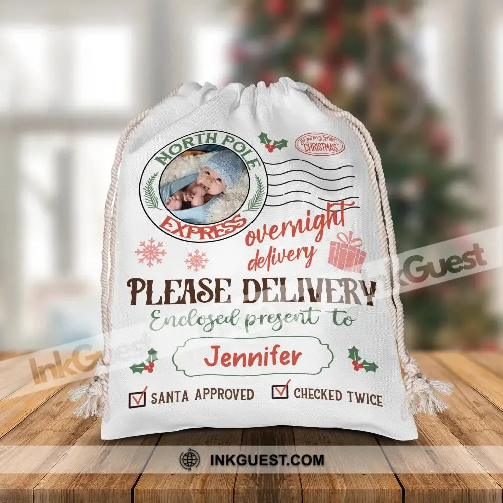 Overnight Deliver Special Gift - Custom Photo And Name, Personalized String Bag, Gift For Family, Christmas Gift