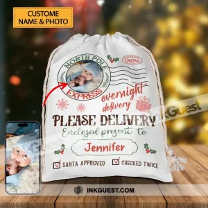 Overnight Deliver Special Gift - Custom Photo And Name, Personalized String Bag, Gift For Family, Christmas Gift