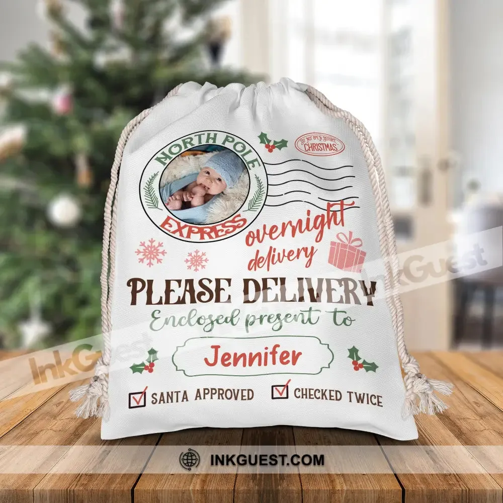 Overnight Deliver Special Gift - Custom Photo And Name, Personalized String Bag, Gift For Family, Christmas Gift