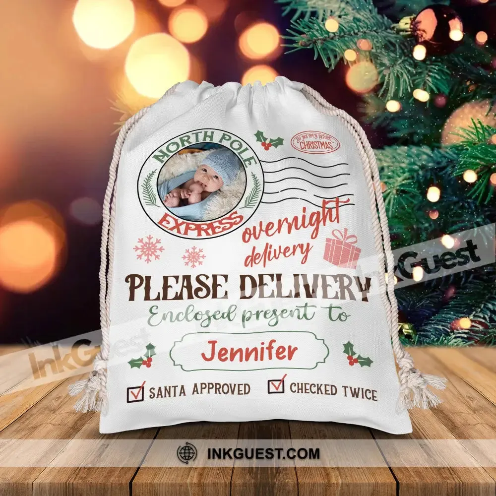 Overnight Deliver Special Gift - Custom Photo And Name, Personalized String Bag, Gift For Family, Christmas Gift