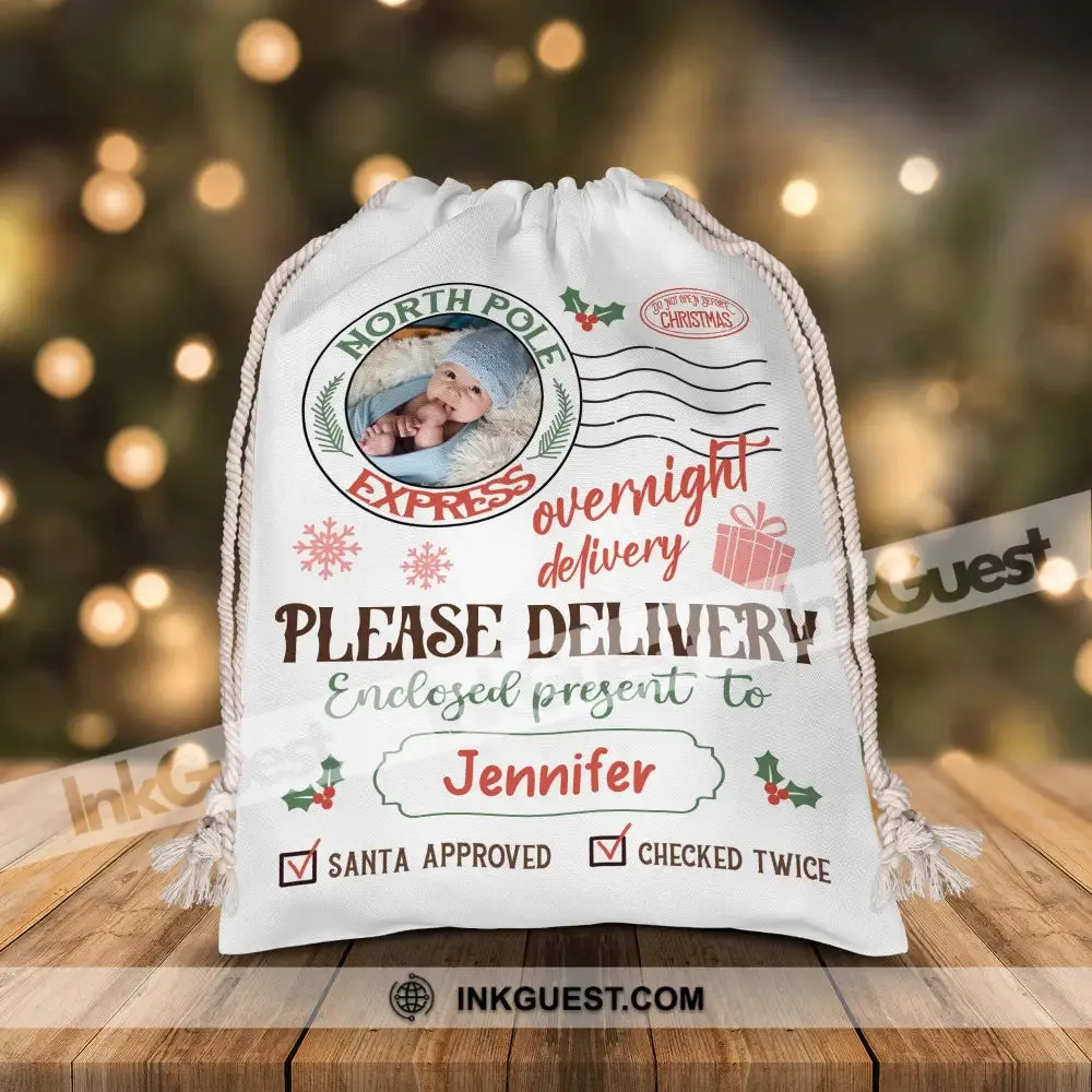 Overnight Deliver Special Gift - Custom Photo And Name, Personalized String Bag, Gift For Family, Christmas Gift