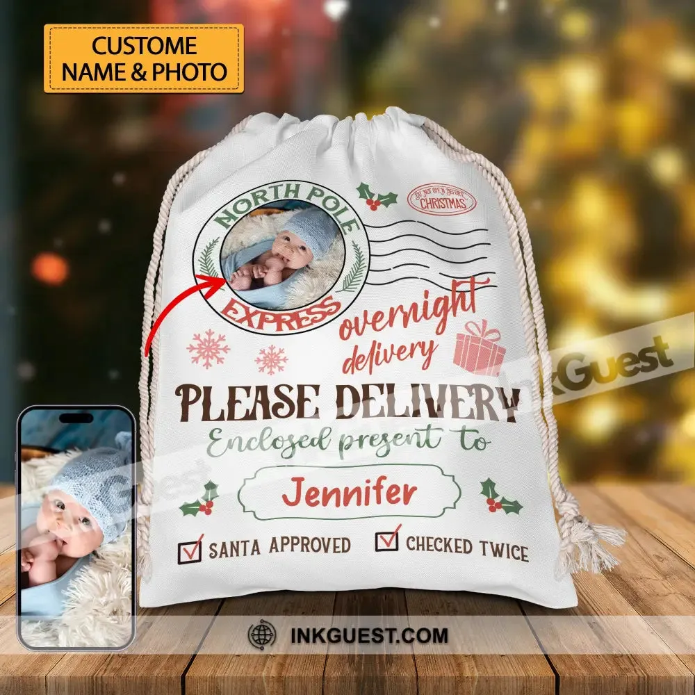 Overnight Deliver Special Gift - Custom Photo And Name, Personalized String Bag, Gift For Family, Christmas Gift