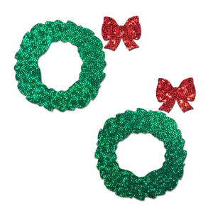 Peek-a-Boob: Green Glitter Wreath with Red Glitter Bow Nipple Pasties