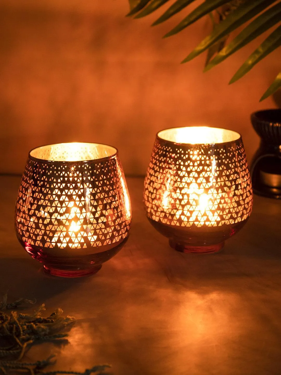 Pink Glass Tealight Candle Holders Pack Of 2 Pcs