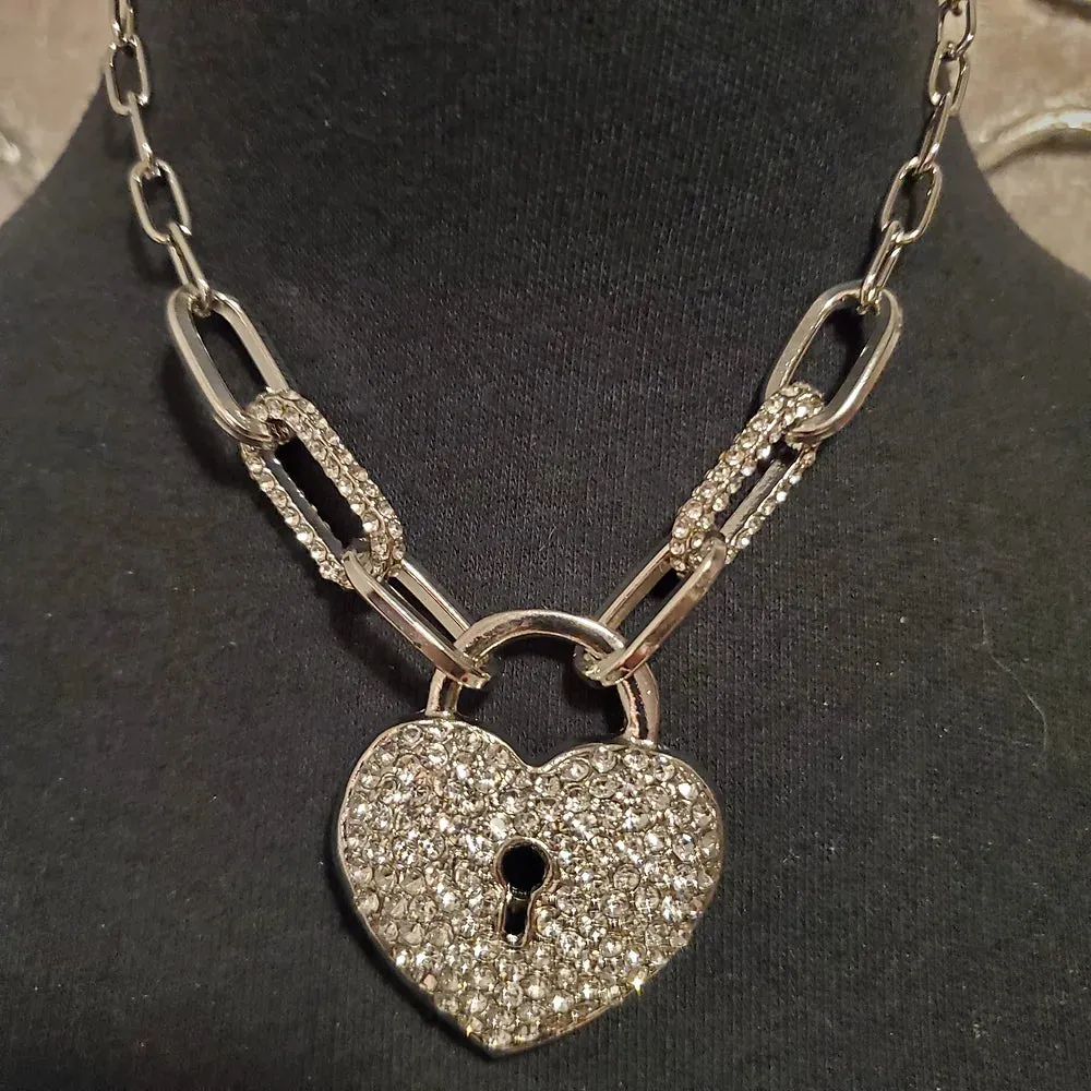 Rhinestone Heart Lock Necklace (2 Colours)