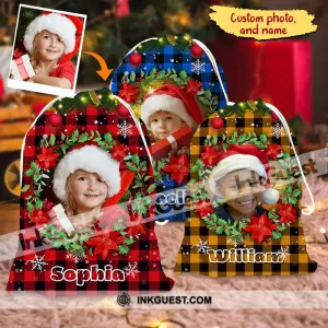 Santa Sack Plaid Pattern Face Photo- Personalized String Bag, Gift For Family, Christmas Gift