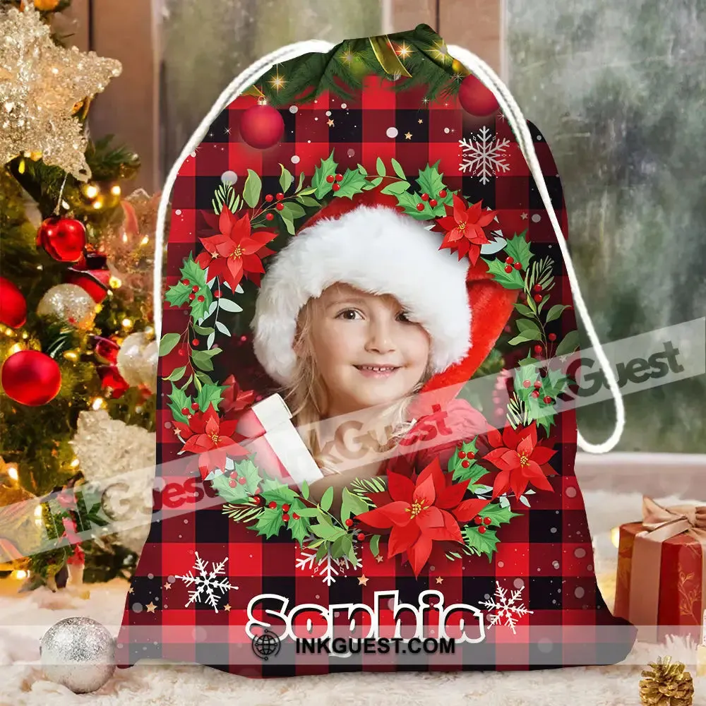 Santa Sack Plaid Pattern Face Photo- Personalized String Bag, Gift For Family, Christmas Gift