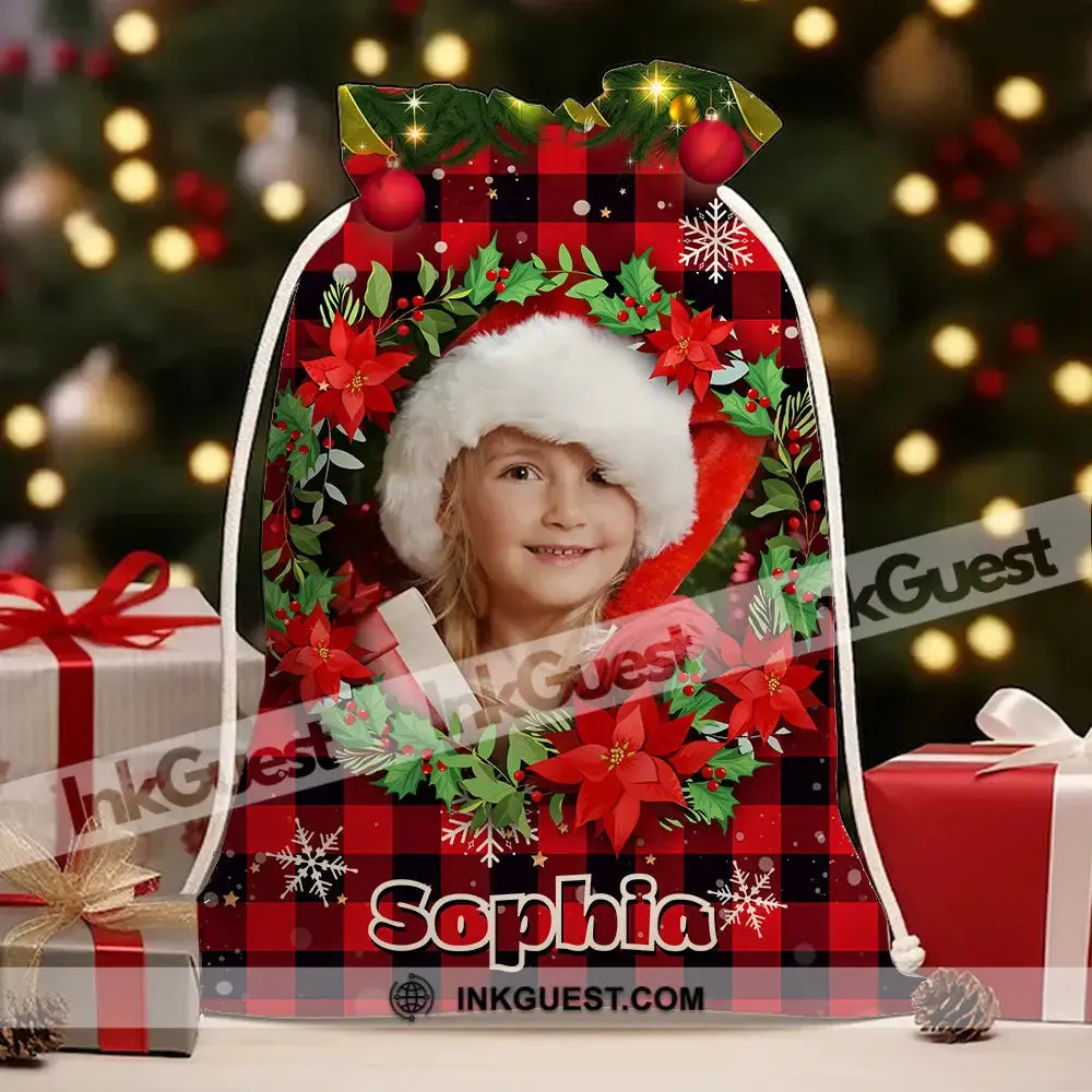 Santa Sack Plaid Pattern Face Photo- Personalized String Bag, Gift For Family, Christmas Gift