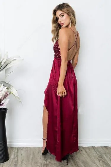 Sheath V-neck Sequined Silk-like Satin Ankle-length Split Front Backless Prom Dresses WK389