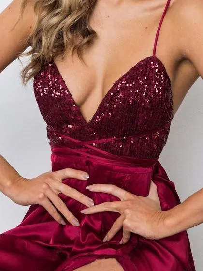Sheath V-neck Sequined Silk-like Satin Ankle-length Split Front Backless Prom Dresses WK389