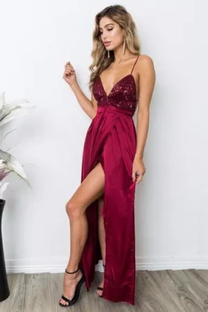 Sheath V-neck Sequined Silk-like Satin Ankle-length Split Front Backless Prom Dresses WK389