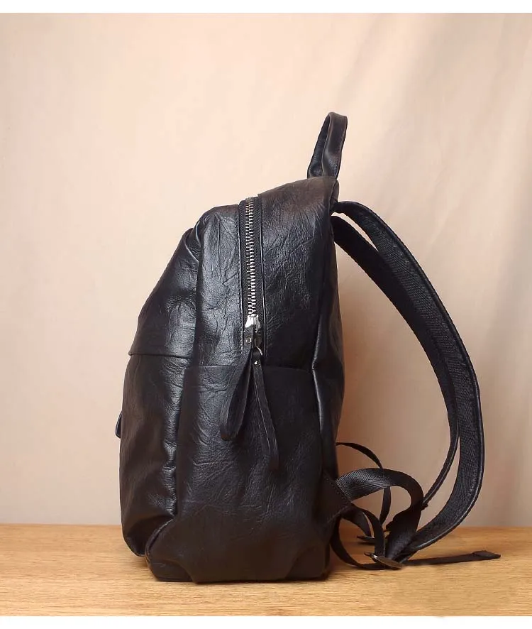 Simple Large Black Leather Backpack Bag