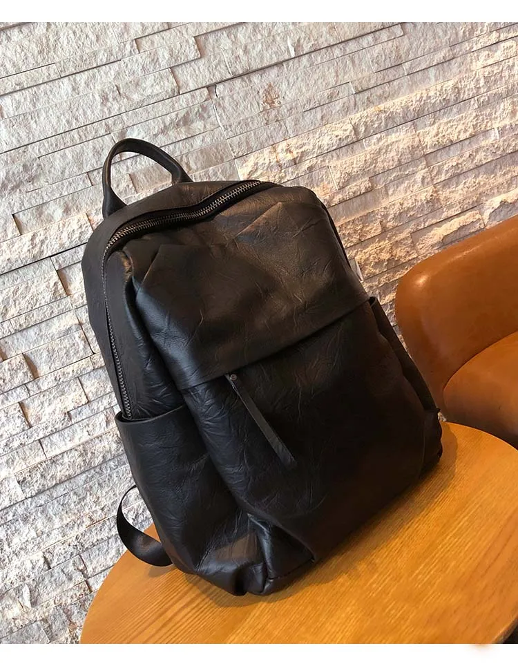 Simple Large Black Leather Backpack Bag