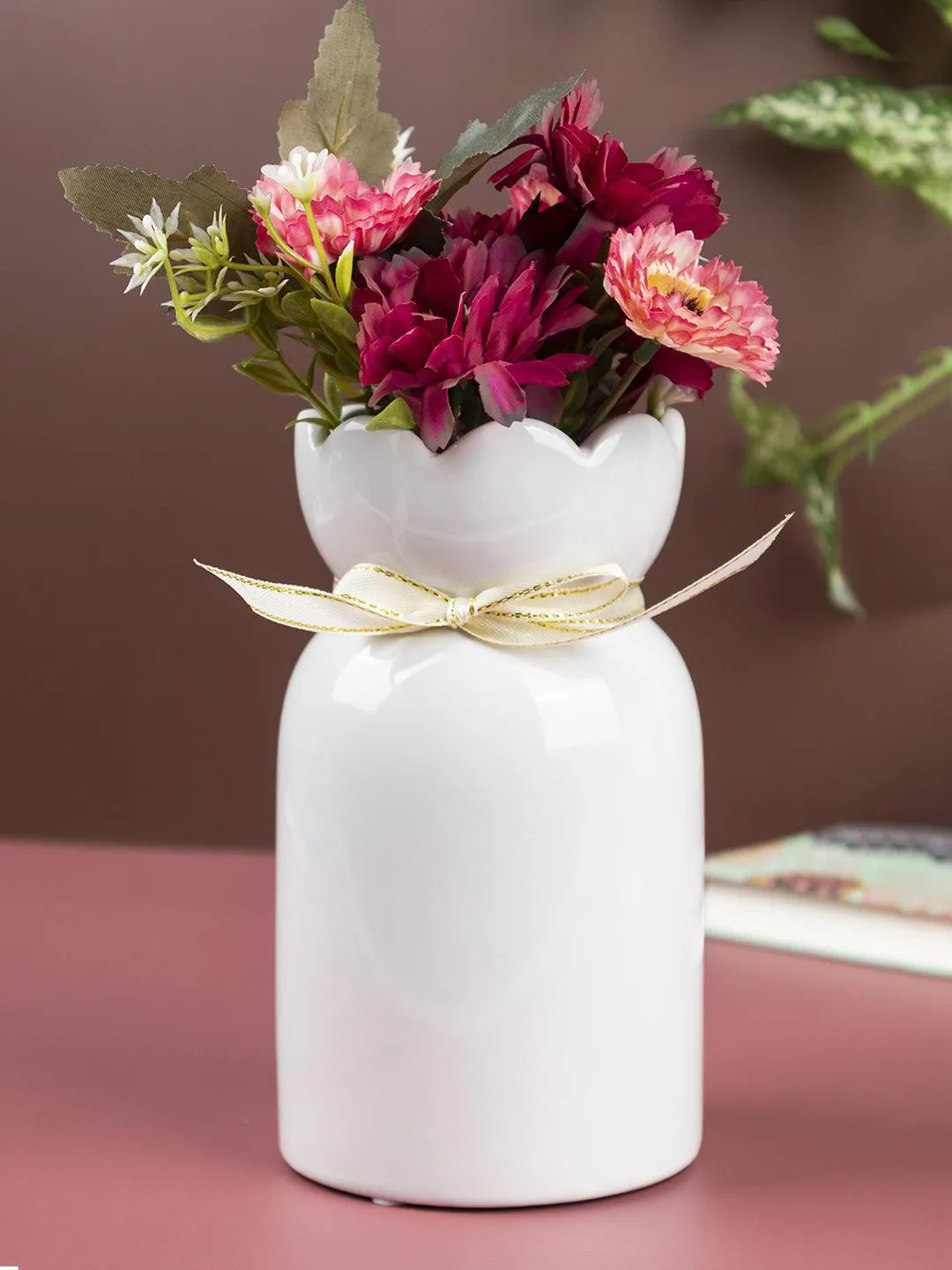 Solid Vase, Floral Shaped Mouth, White, Ceramic