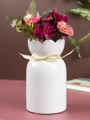 Solid Vase, Floral Shaped Mouth, White, Ceramic