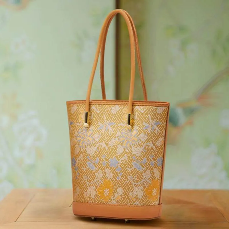 Song Brocade Mulberry Silk Tote Bucket Bag