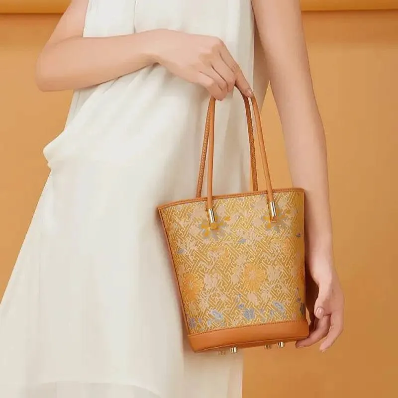 Song Brocade Mulberry Silk Tote Bucket Bag