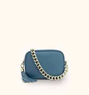 The Tassel Denim Blue Leather Crossbody Bag With Gold Chain Strap