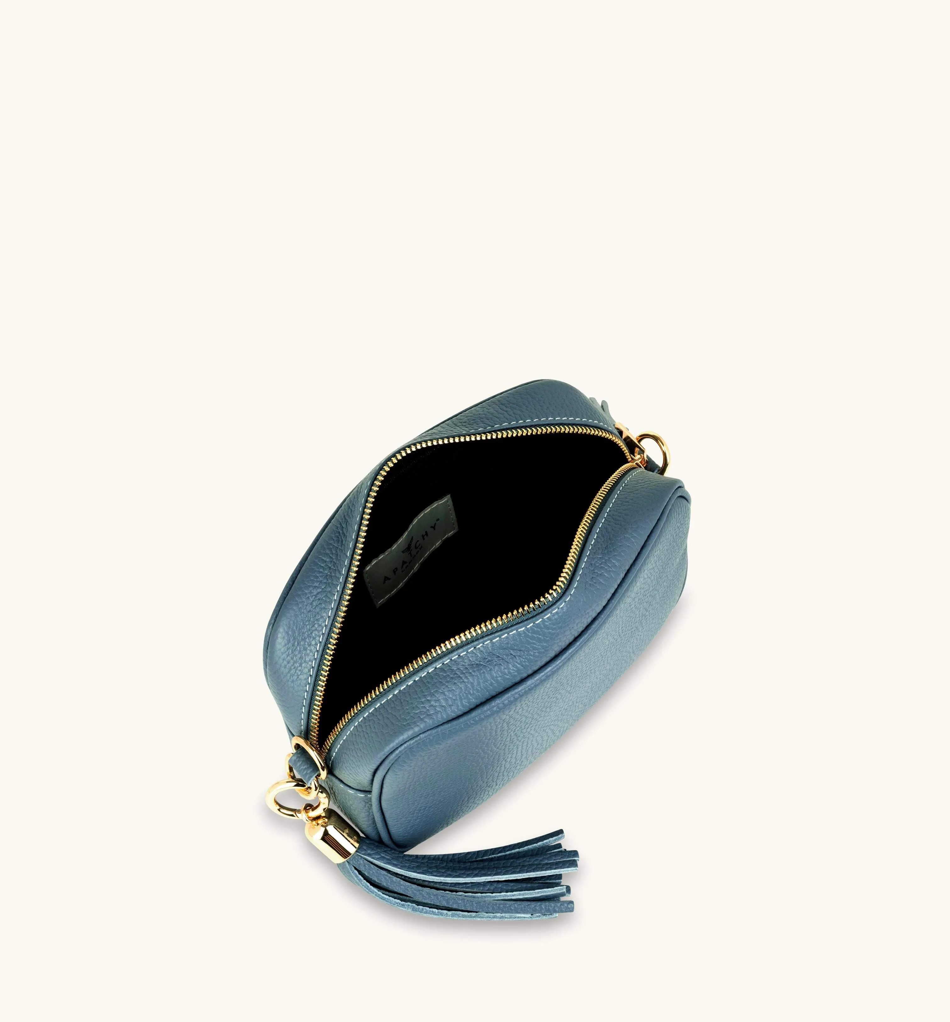The Tassel Denim Blue Leather Crossbody Bag With Gold Chain Strap