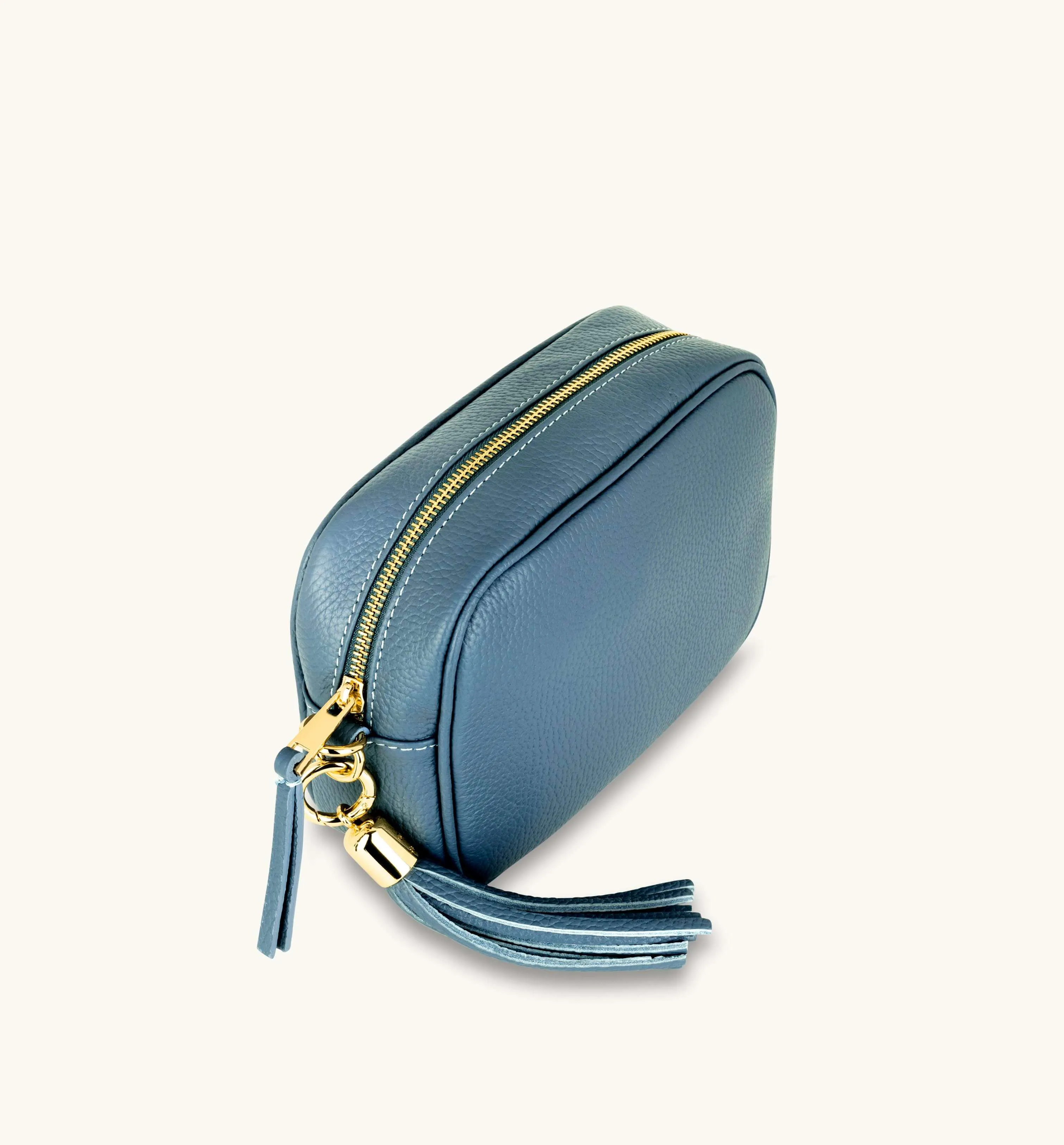 The Tassel Denim Blue Leather Crossbody Bag With Gold Chain Strap
