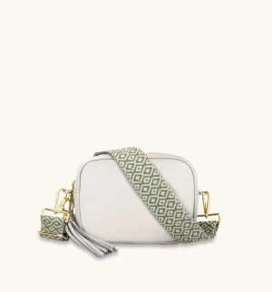 The Tassel Light Grey Leather Crossbody Bag With Pistachio Cross-Stitch Strap