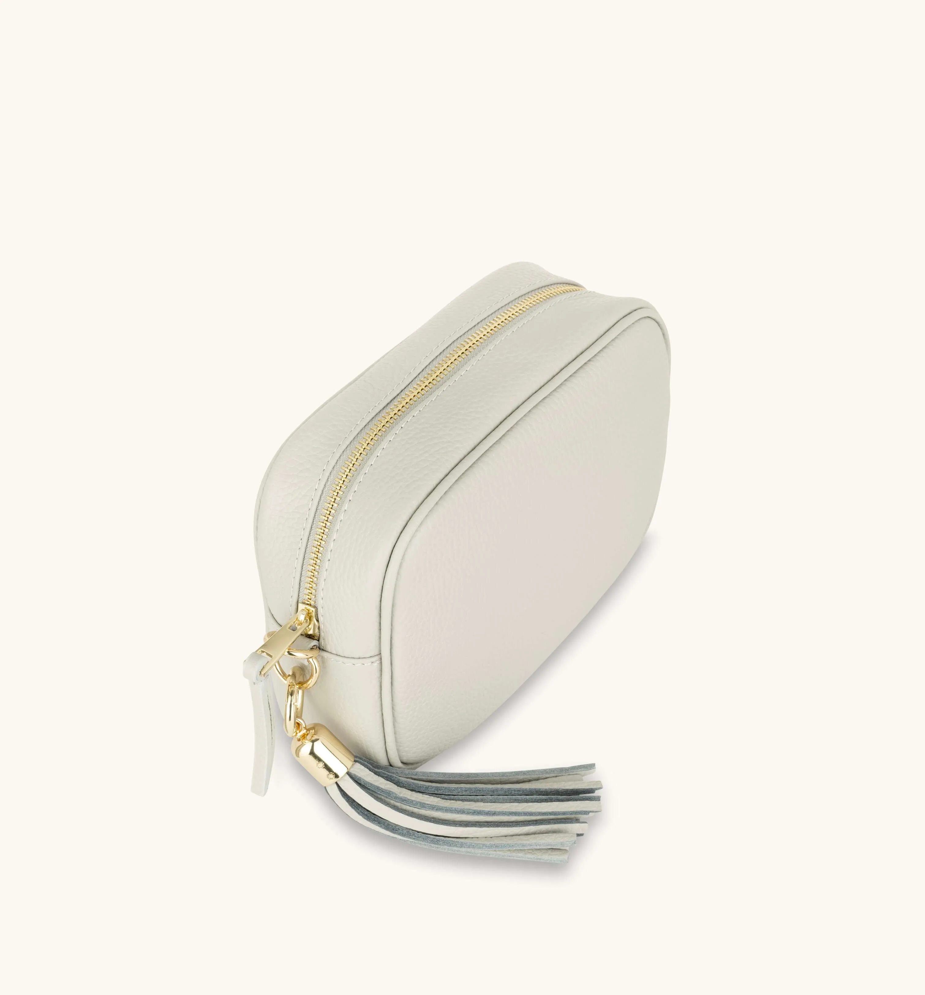 The Tassel Light Grey Leather Crossbody Bag With Pistachio Cross-Stitch Strap