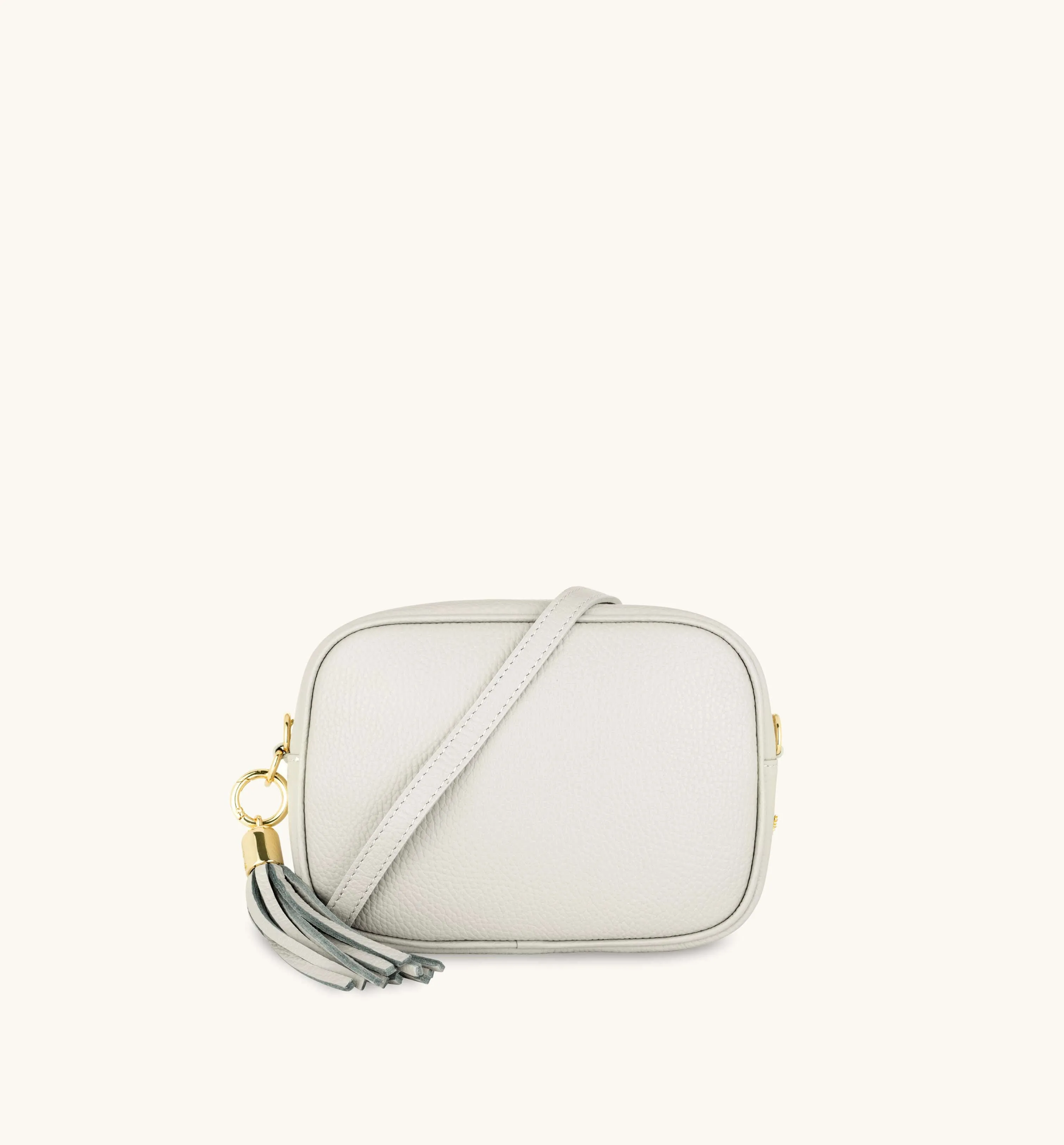 The Tassel Light Grey Leather Crossbody Bag With Pistachio Cross-Stitch Strap