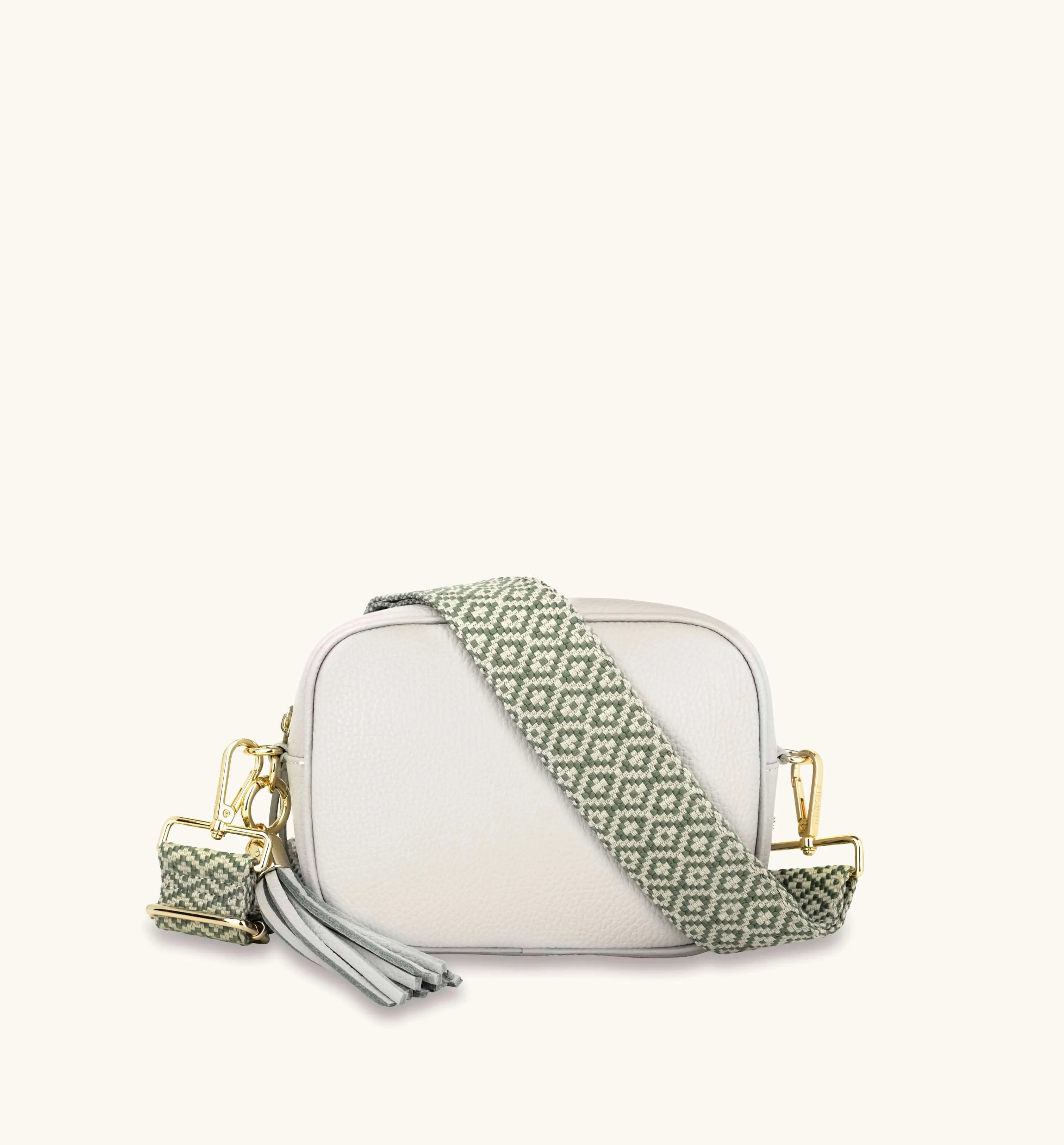 The Tassel Light Grey Leather Crossbody Bag With Pistachio Cross-Stitch Strap