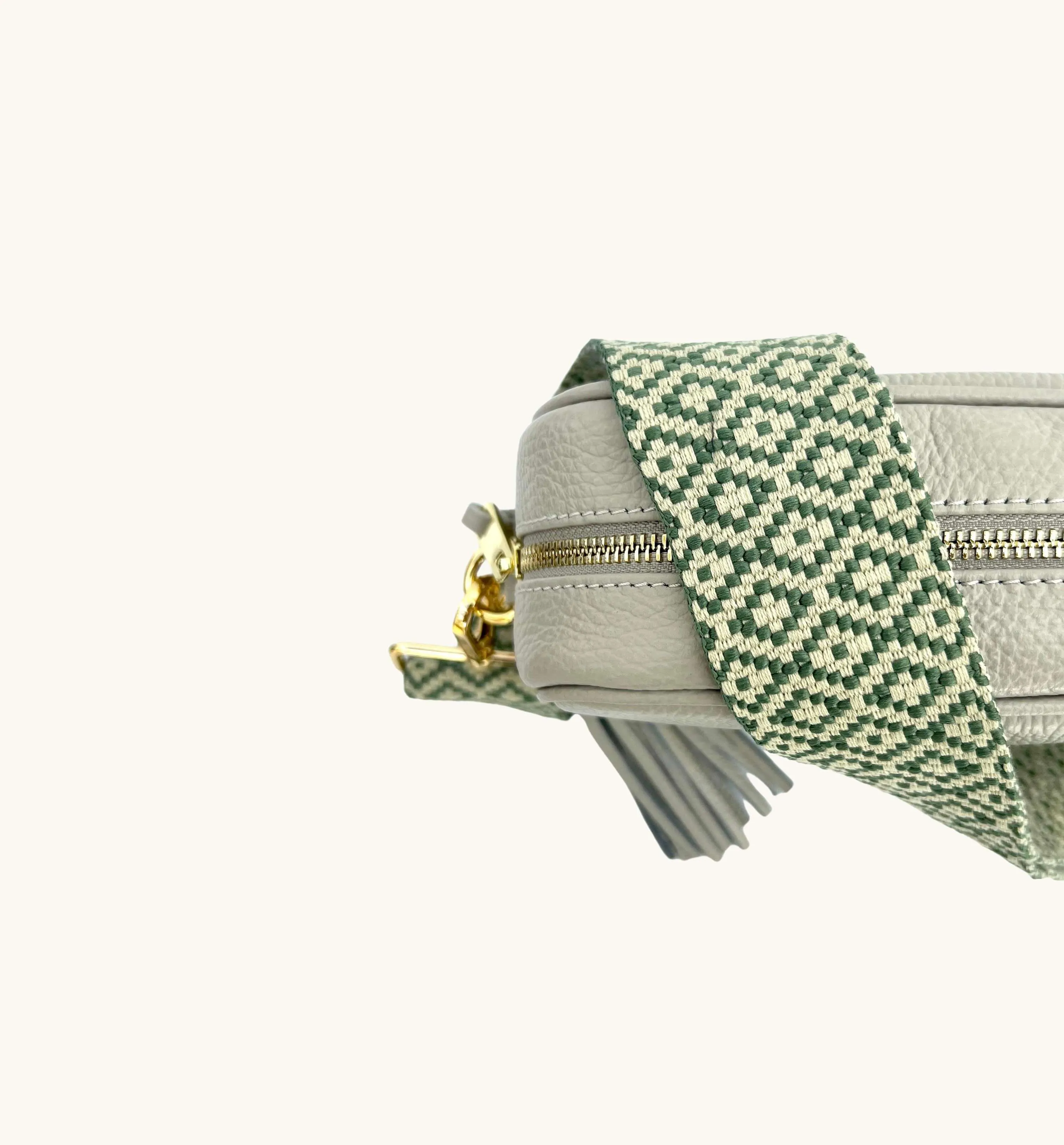 The Tassel Light Grey Leather Crossbody Bag With Pistachio Cross-Stitch Strap