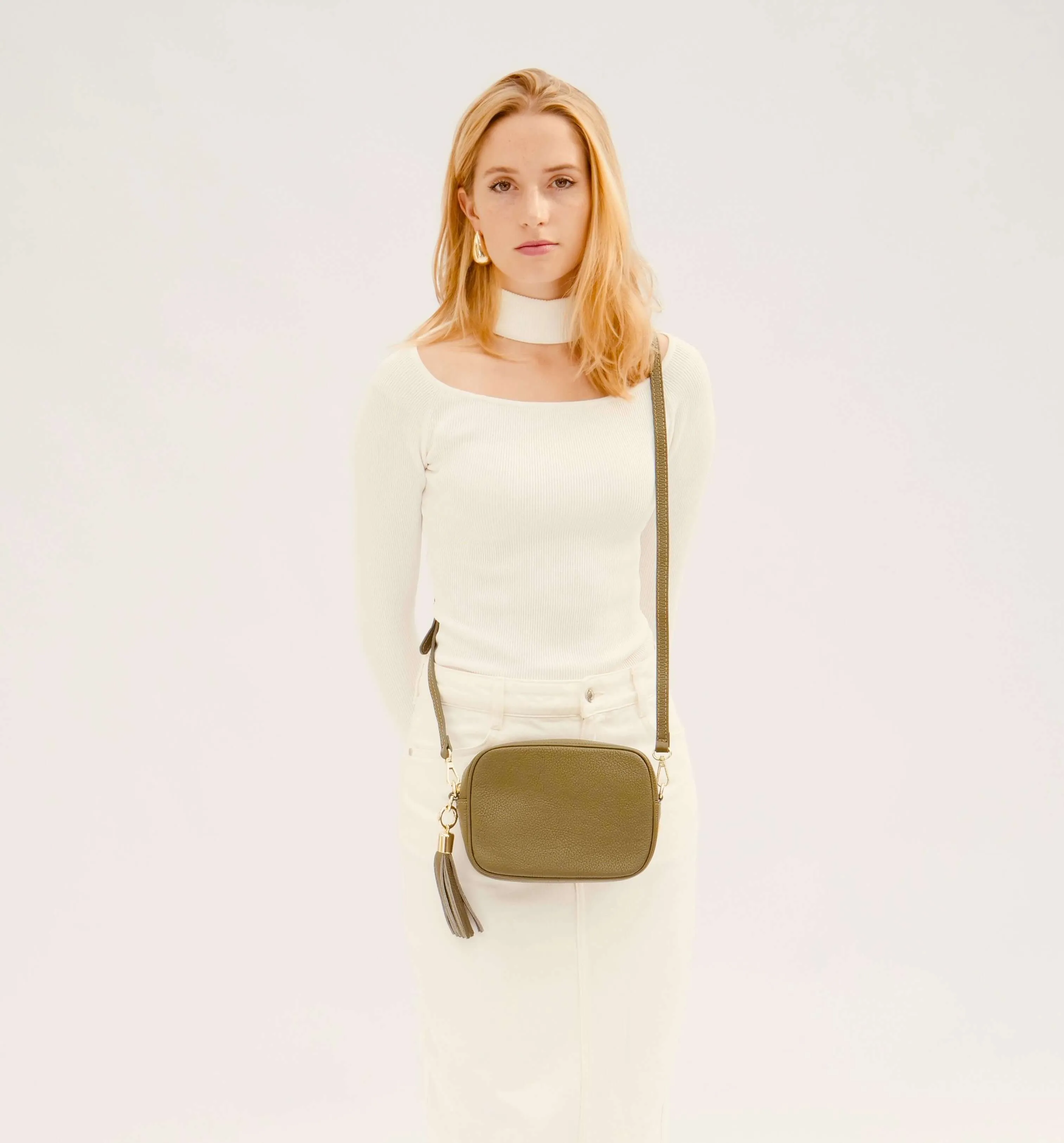The Tassel Olive Green Leather Crossbody Bag With Port & Olive Diamond Strap