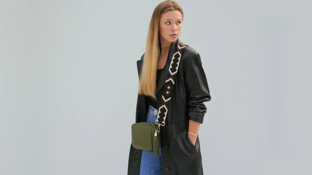 The Tassel Olive Green Leather Crossbody Bag With Port & Olive Diamond Strap