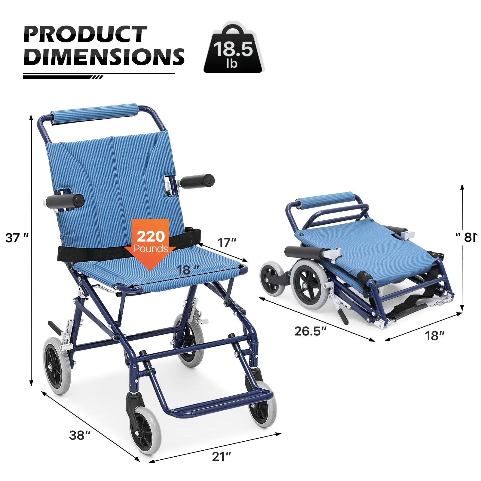 Transport Wheelchair - Blue - Can Be Carry-on Plane