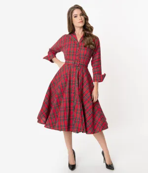 Unique Vintage 1950s Style Red Plaid Brooklyn Shirtdress