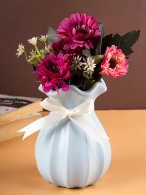 Vase with Bow, Floral Mouth, Turquoise, Ceramic
